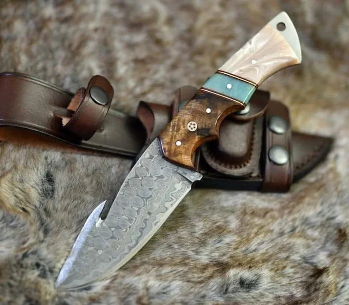 DAMASCUS EVOKE HOOK KNIFE, Rose Wood & TURQUOISE HANDLE Overall 6.25” cskforged