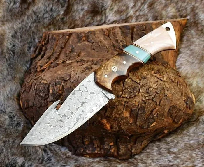 DAMASCUS EVOKE HOOK KNIFE, Rose Wood & TURQUOISE HANDLE Overall 6.25” cskforged