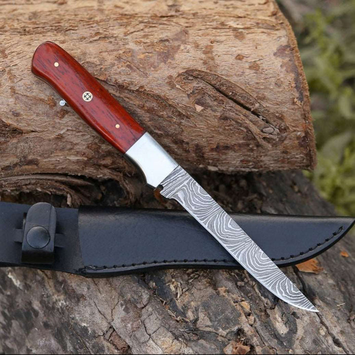 Damascus Fillet Knife With Exotic Red Heart Handle cskforged