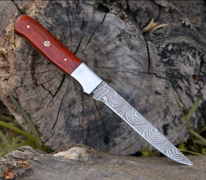 Damascus Fillet Knife With Exotic Red Heart Handle cskforged