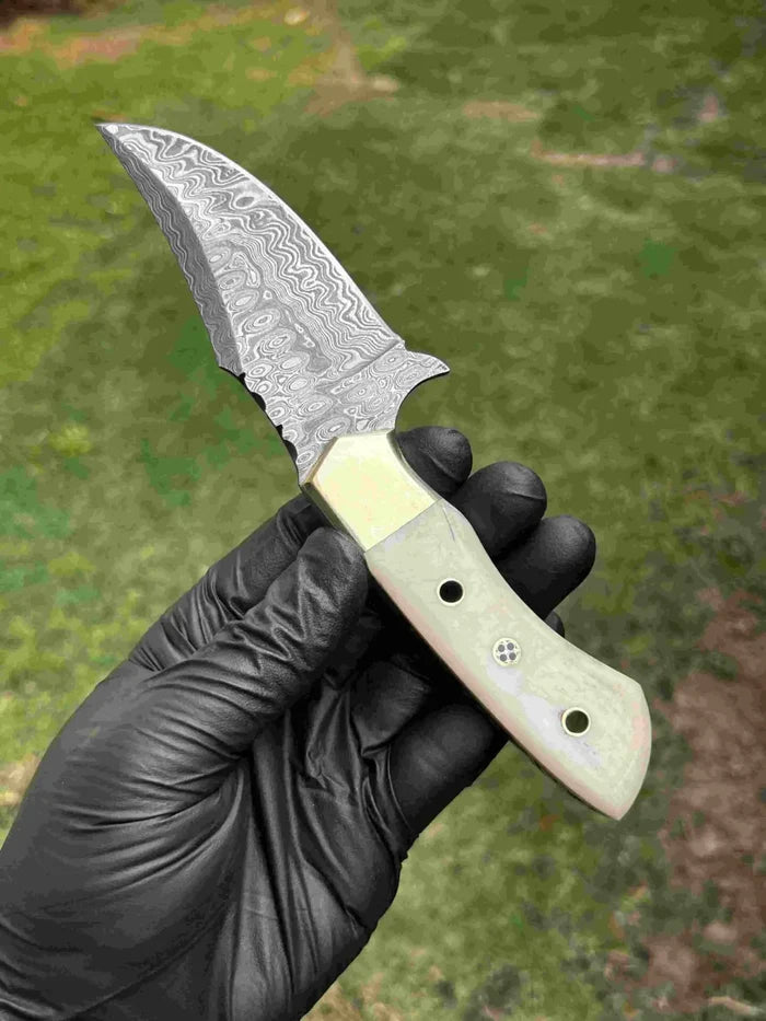 Damascus Hunting Knife with Notch cskforged