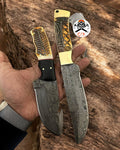 Damascus Hunting Set Hand-Carved Bone Handle Knives cskforged
