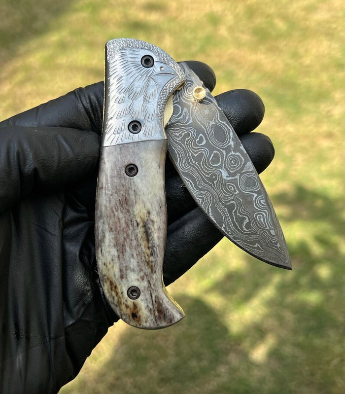 Damascus pocket folding knife cskforged