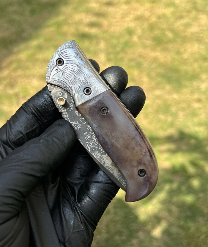 Damascus pocket folding knife cskforged