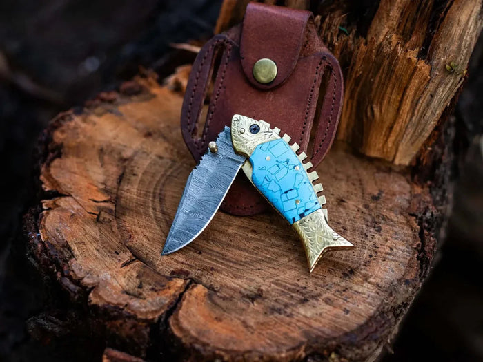 Damascus Steel Blade Fish Shape Pocket Folding knife cskforged