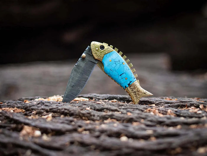 Damascus Steel Blade Fish Shape Pocket Folding knife cskforged