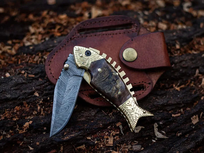 Damascus Steel Blade Fish Shape Pocket Folding knife cskforged