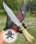 Damascus Steel Camping Knife with Brass Guard and Camel Bone Handle" cskforged