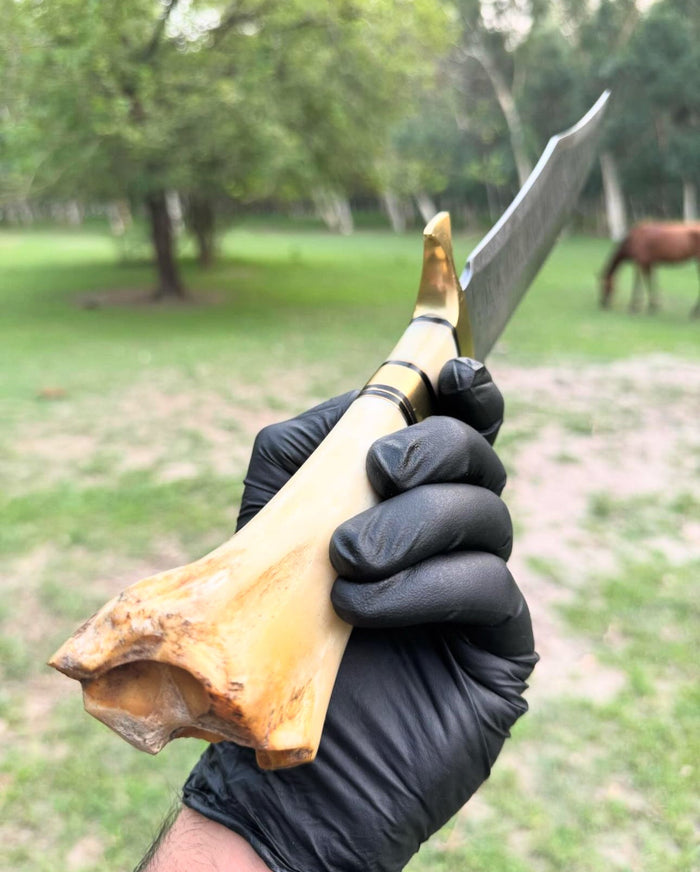 Damascus Steel Camping Knife with Brass Guard and Camel Bone Handle" cskforged
