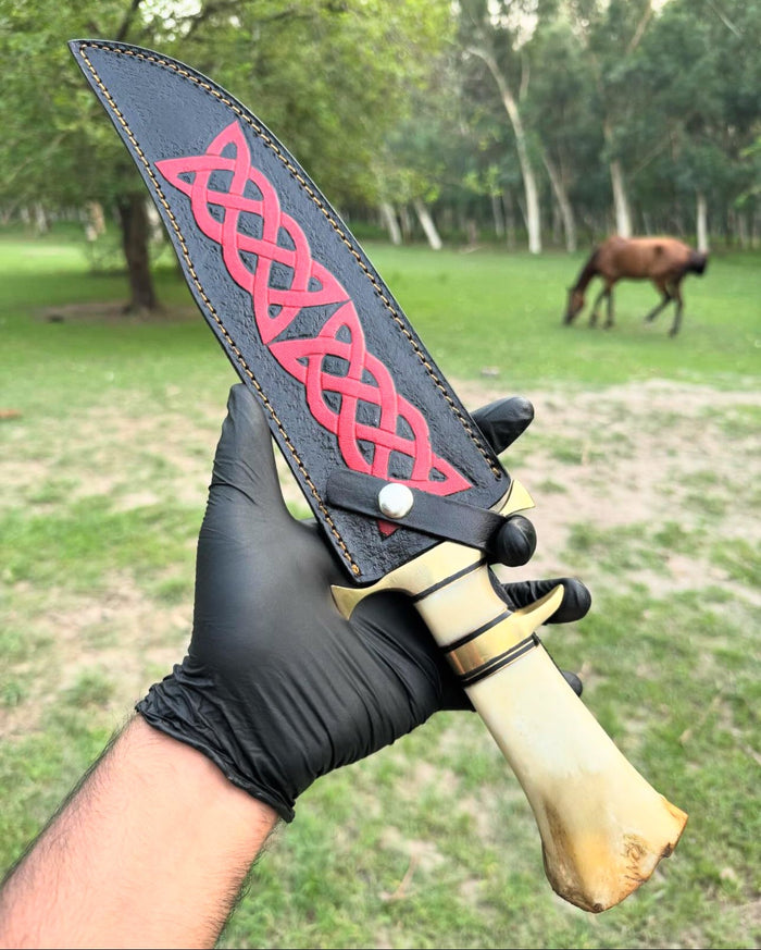 Damascus Steel Camping Knife with Brass Guard and Camel Bone Handle" cskforged
