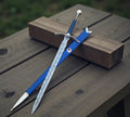 Damascus Steel Fantasy Sword – Medieval Replica with Blue Leather Handle & Royal Blue Scabbard cskforged