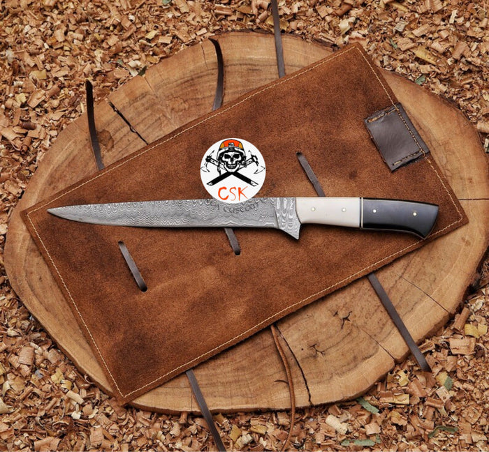 Damascus Steel Fillet Knife with Premium White & Black Handle | Razor-Sharp Precision cskforged