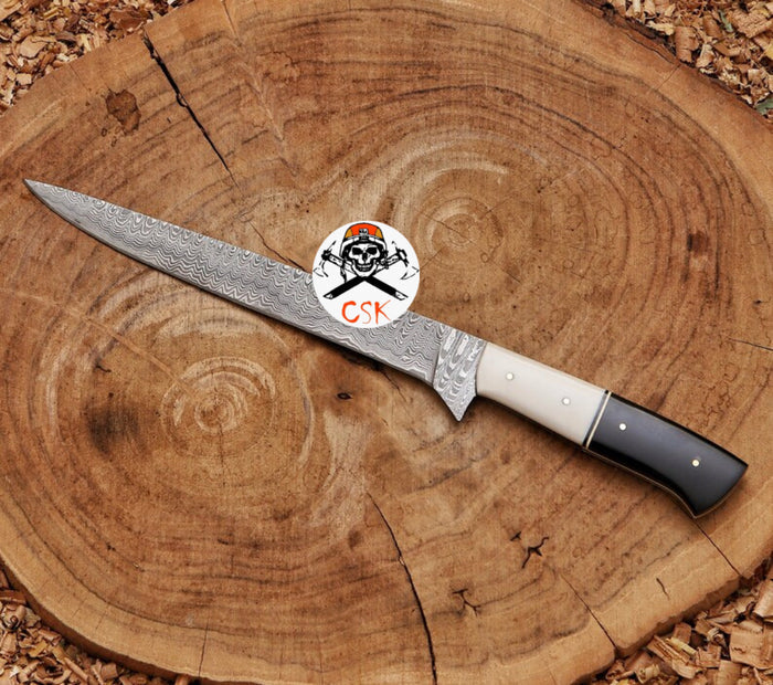 Damascus Steel Fillet Knife with Premium White & Black Handle | Razor-Sharp Precision cskforged