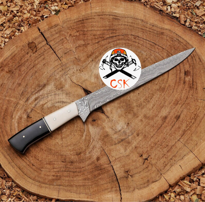 Damascus Steel Fillet Knife with Premium White & Black Handle | Razor-Sharp Precision cskforged