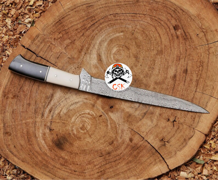 Damascus Steel Fillet Knife with Premium White & Black Handle | Razor-Sharp Precision cskforged