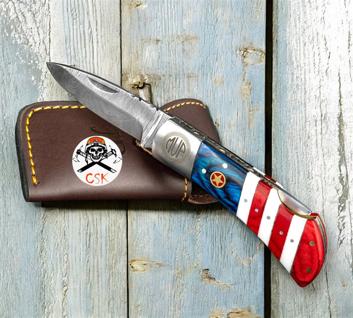 Damascus Steel Flag Handle Pocket Knife cskforged