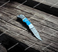 DAMASCUS STEEL FOLDING POCKET HANDMADE KNIFE STONE HANDLE+LEATHER SHEATH cskforged