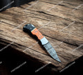 DAMASCUS STEEL FOLDING POCKET HANDMADE KNIFE STONE HANDLE+LEATHER SHEATH cskforged