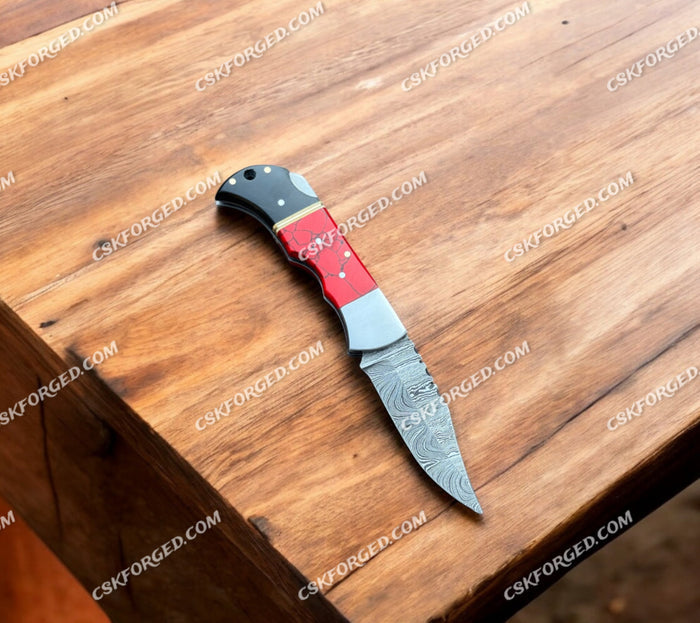 DAMASCUS STEEL FOLDING POCKET HANDMADE KNIFE STONE HANDLE+LEATHER SHEATH cskforged