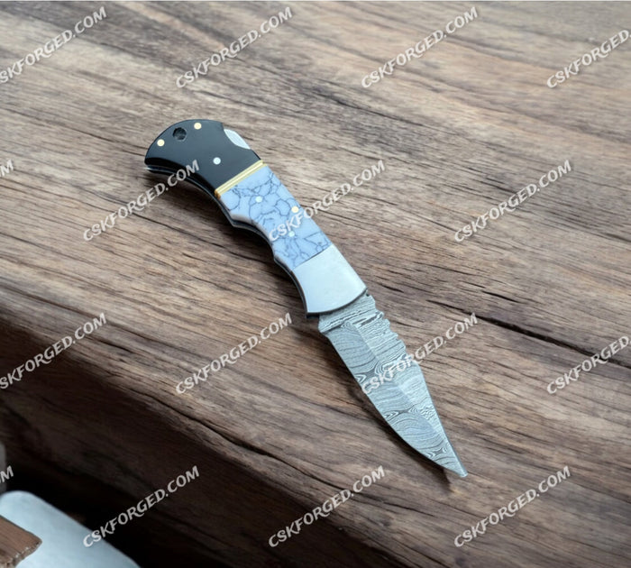 DAMASCUS STEEL FOLDING POCKET HANDMADE KNIFE STONE HANDLE+LEATHER SHEATH cskforged