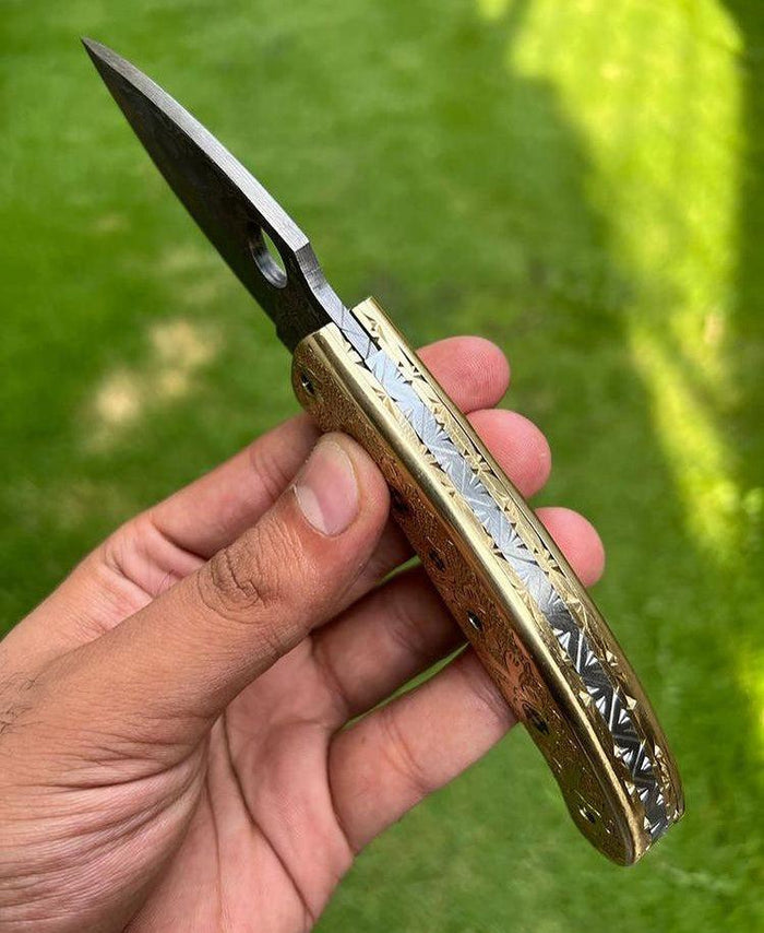 DAMASCUS STEEL FOLDING POCKET KNIFE WITH ENGRAVED BRASS HANDLE 8" CUSTOM KNIVES cskforged