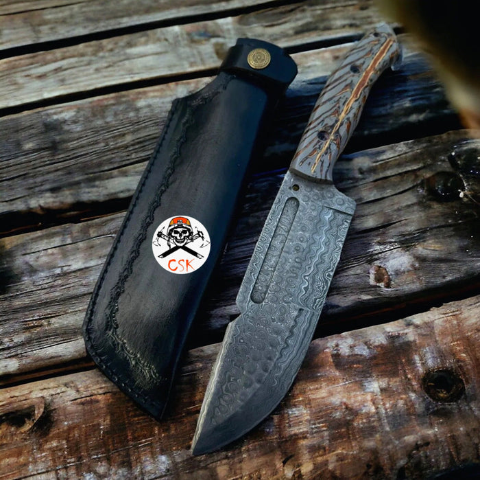 Damascus Steel Hunting & Survival Bushcraft Knife with Pine-Cone Handle cskforged