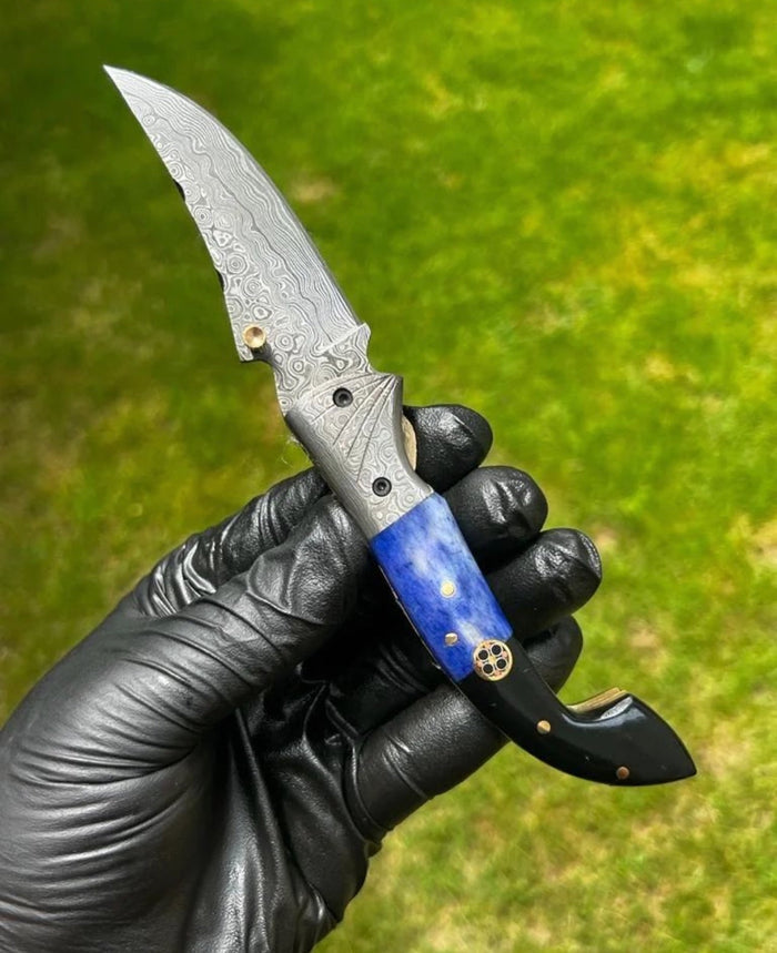 Damascus Steel Pocket Knife - 7.5'' Custom Engraved Gift Knife for Men Husband Dad - Anniversary gifts cskforged