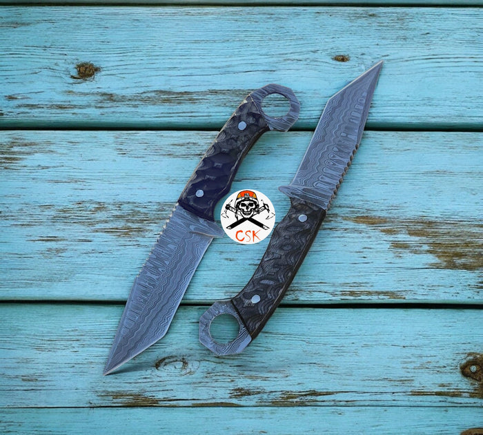 Damascus Steel Tanto Blade Hunting Knife with Ring-Tail Handle cskforged