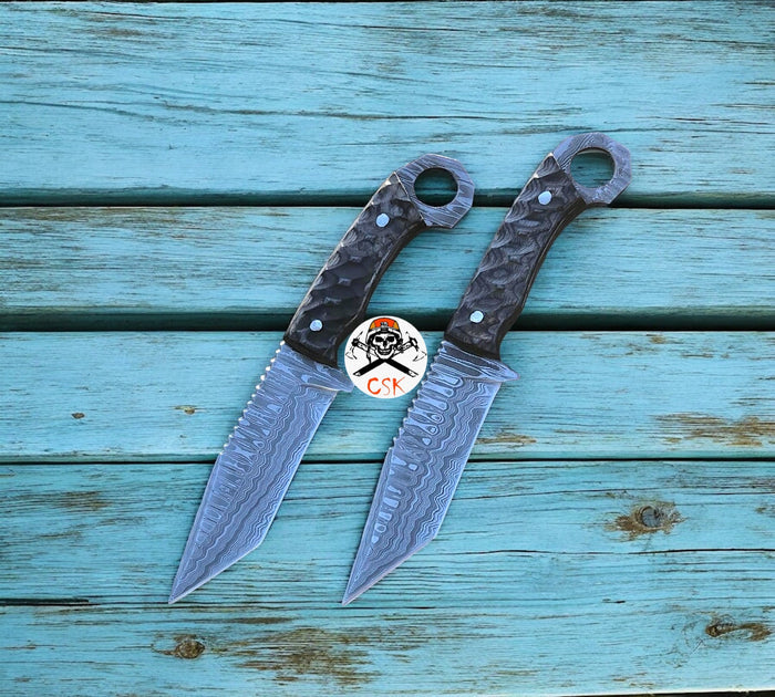 Damascus Steel Tanto Blade Hunting Knife with Ring-Tail Handle cskforged