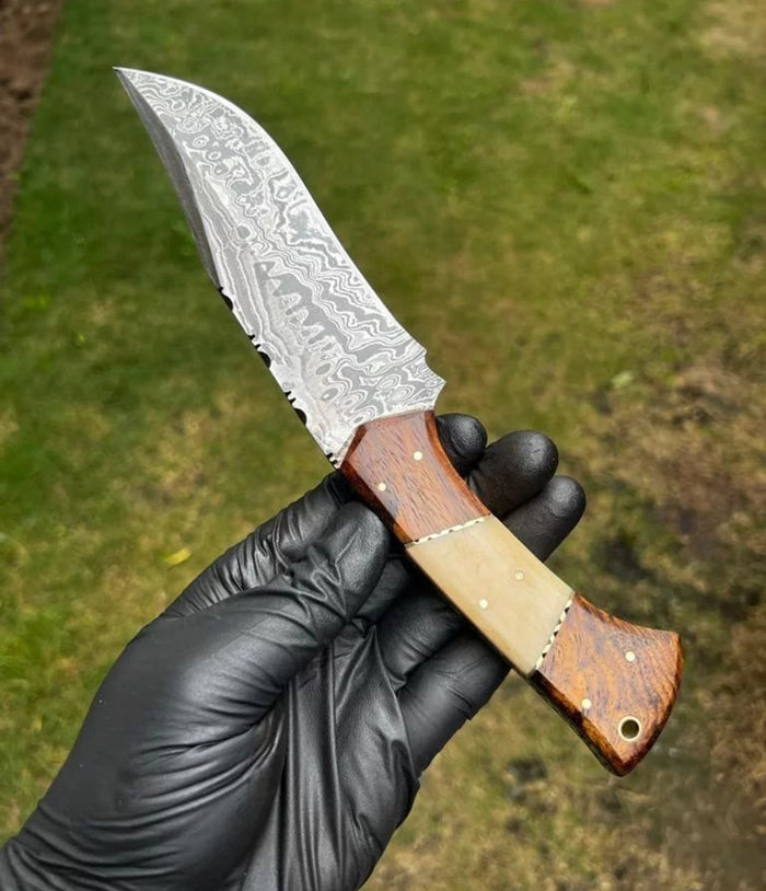 Damascus Steel Trailing Point Hunting Knife cskforged