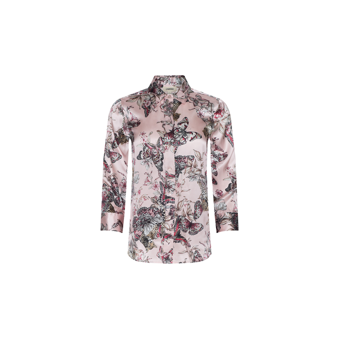 The Dani Silk Blouse is a long-sleeve, button-down shirt crafted from silk with a pink base and adorned with a detailed multicolored butterfly jungle print.