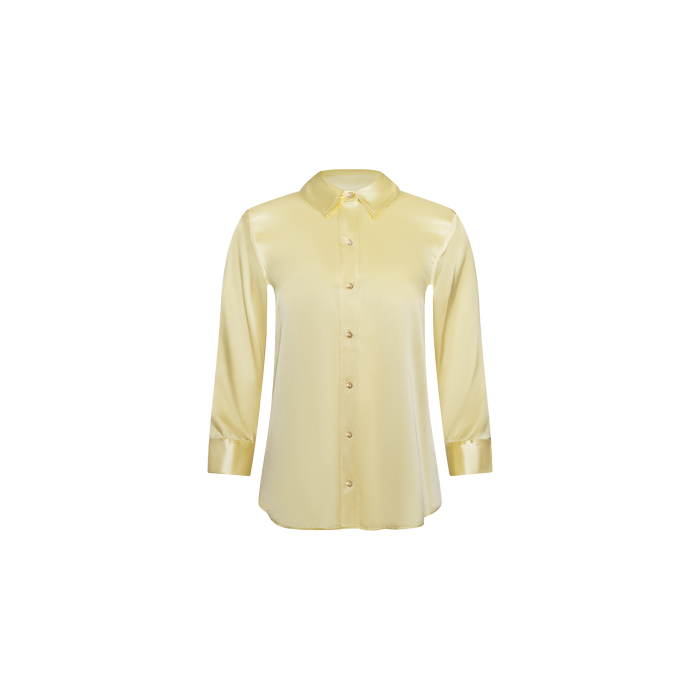 The Dani Silk Blouse is a light yellow, long-sleeve top crafted from silk, featuring a classic collar and button-down front, shown against a plain white background.