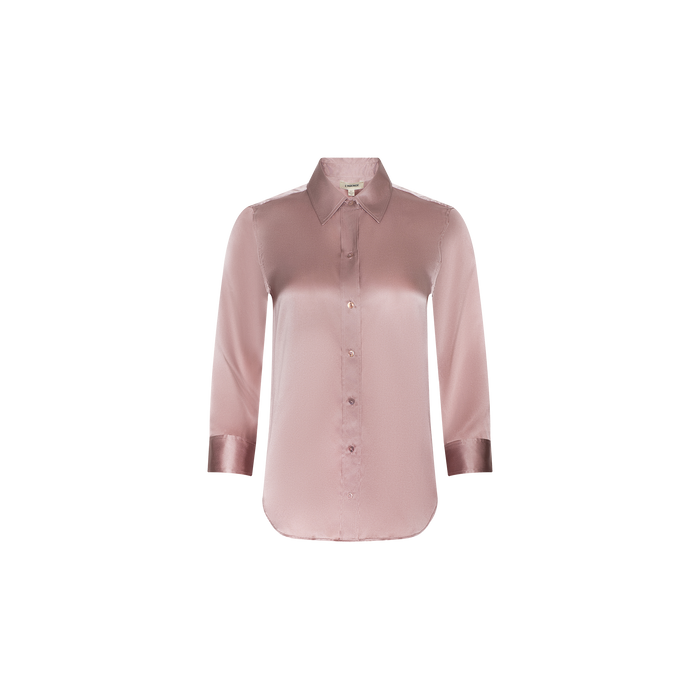 The Dani Silk Blouse is a light pink, 100 silk charmeuse button-up featuring long sleeves and a classic collar, displayed on a plain white background.