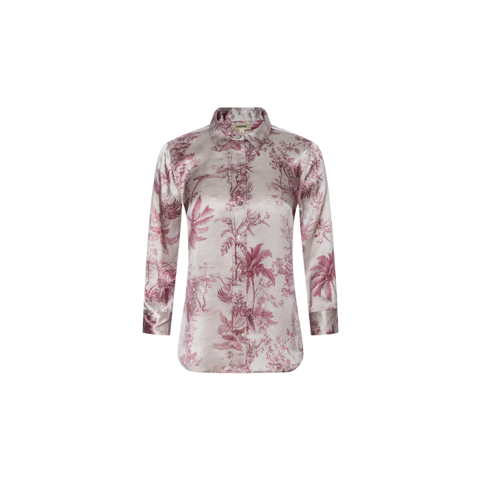 A Dani Silk Blouse with long sleeves, a button-up front, and a collar, showcasing a pink and white jungle toile print on a light background, displayed on a plain white surface.