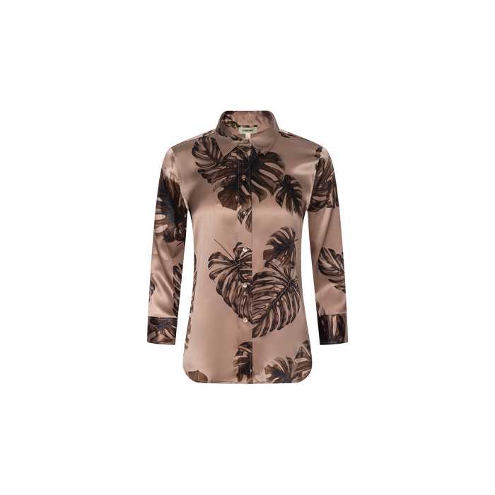 The Dani Silk Blouse is a brown satin long-sleeve top showcasing a palm leaf print, button-down front, and classic collar, displayed against a plain white background.