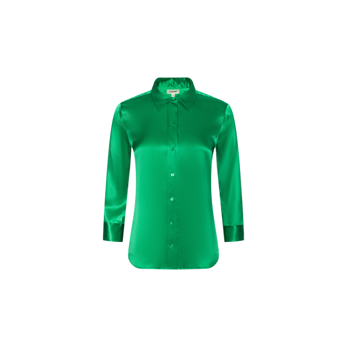 The Dani Silk Blouse is a vibrant green, button-down top featuring a pointed collar and 3/4 sleeves, shown against a plain white background.