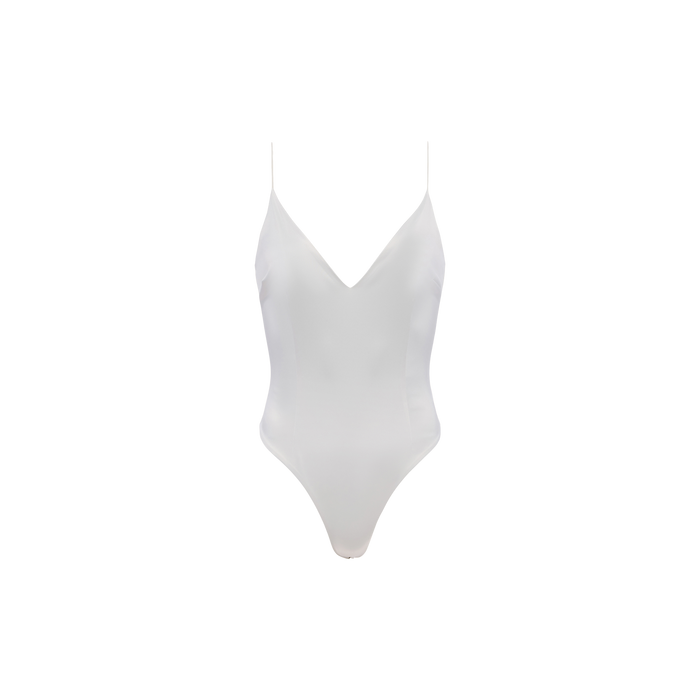 The Dara Stretch Satin Bodysuit is a plain white one-piece featuring thin adjustable shoulder straps and a deep V-neckline, displayed on a white background.