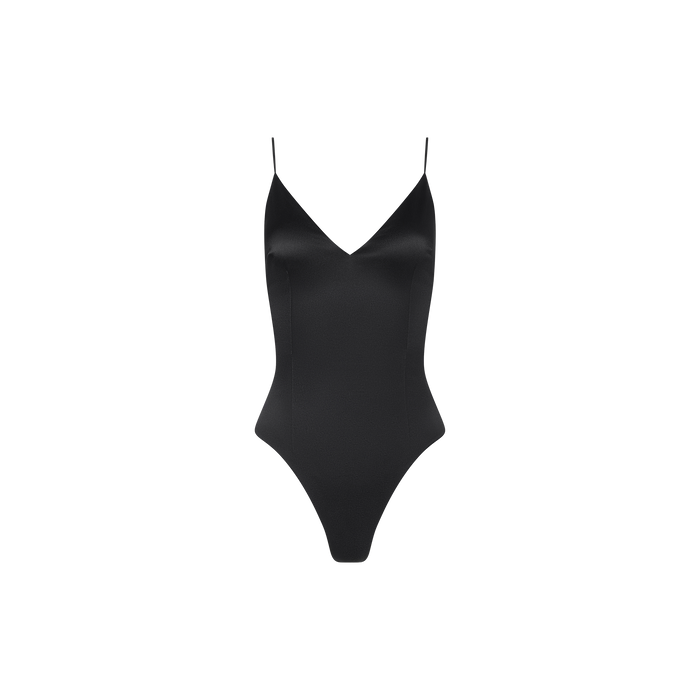The Dara Stretch-Satin Bodysuit, a black sleeveless design with thin adjustable straps and a V-neckline, reminiscent of a sleek black satin top, is displayed against a plain white background.