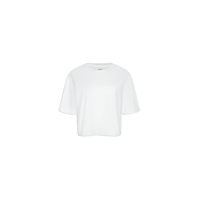 The Daria Oversized Cropped Tee, featuring a crew neck and short sleeves in classic white, is showcased against a light gray background. Made from premium Supima cotton, this T-shirt promises exceptional softness and long-lasting durability.