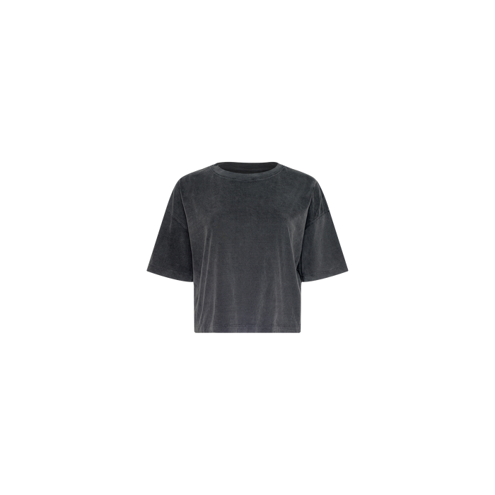 The Daria Oversized Cropped Tee, crafted from soft Supima cotton in black, is displayed on a white background.