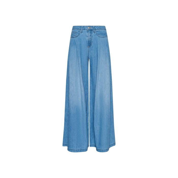 The Dariela Wide-Leg Jean features a high rise and ultra wide leg silhouette, crafted from featherweight denim with a button and zipper closure and front pockets, showcased on a plain white background.