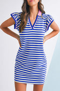 Dark Blue Striped Ruffle Short Sleeve Pop of Color Neckline Dress Shewin