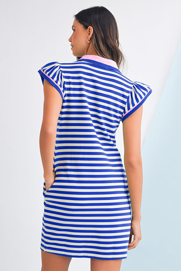 Dark Blue Striped Ruffle Short Sleeve Pop of Color Neckline Dress Shewin