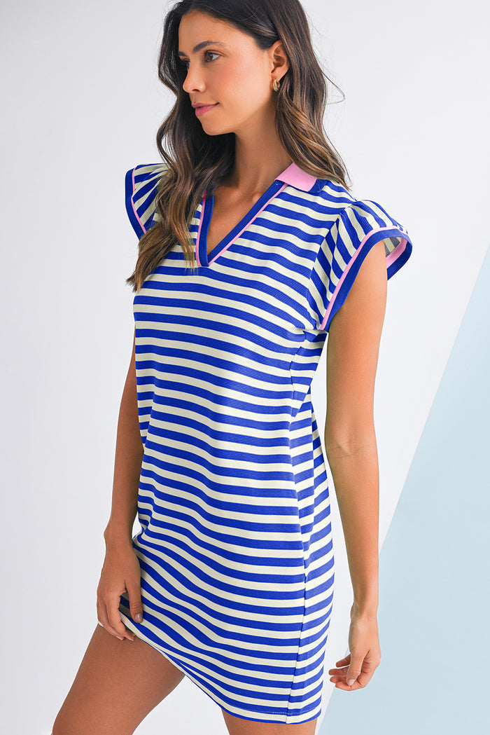 Dark Blue Striped Ruffle Short Sleeve Pop of Color Neckline Dress Shewin