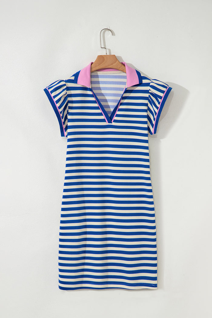 Dark Blue Striped Ruffle Short Sleeve Pop of Color Neckline Dress Shewin
