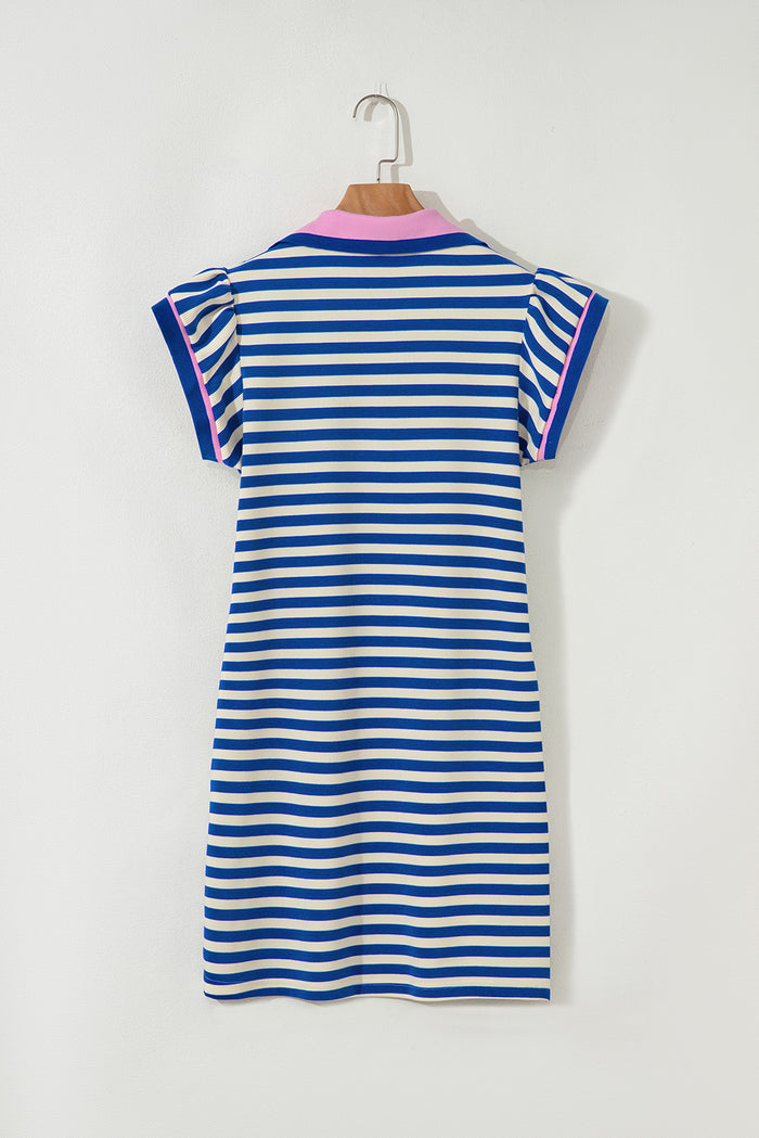 Dark Blue Striped Ruffle Short Sleeve Pop of Color Neckline Dress Shewin