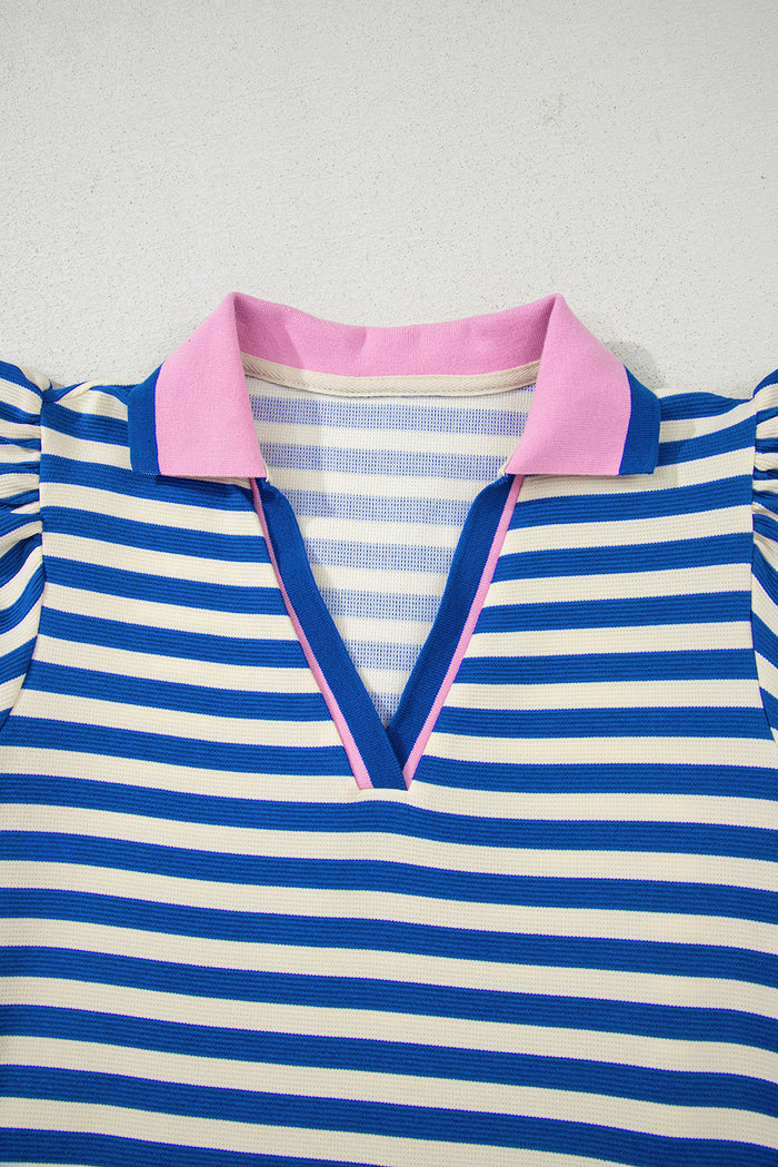 Dark Blue Striped Ruffle Short Sleeve Pop of Color Neckline Dress Shewin