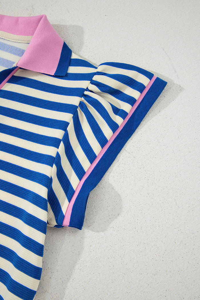 Dark Blue Striped Ruffle Short Sleeve Pop of Color Neckline Dress Shewin