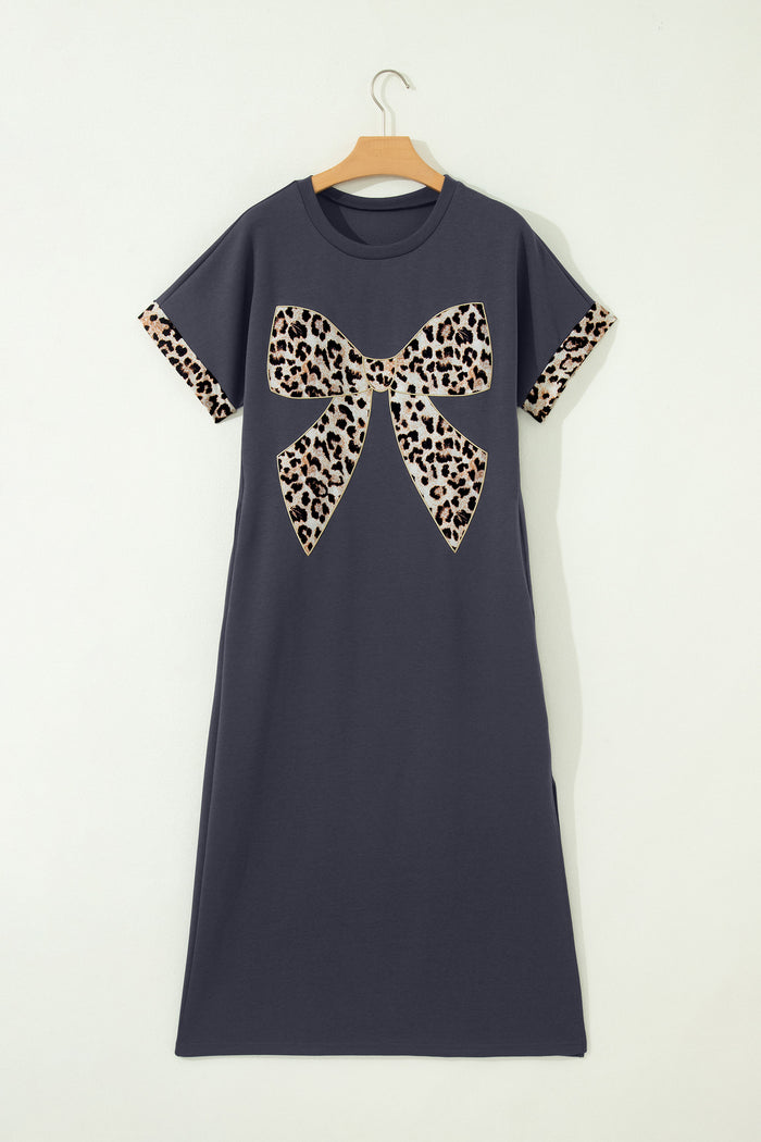 Dark Grey Contrast Leopard Bow Patched Short Sleeve T Shirt Long Dress