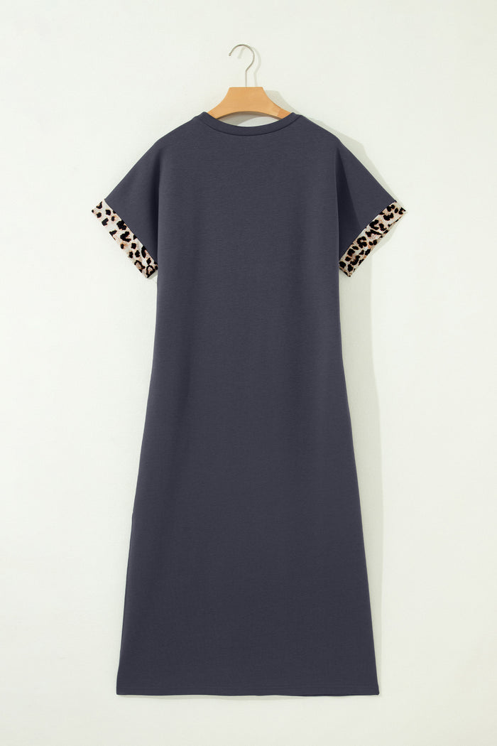 Dark Grey Contrast Leopard Bow Patched Short Sleeve T Shirt Long Dress